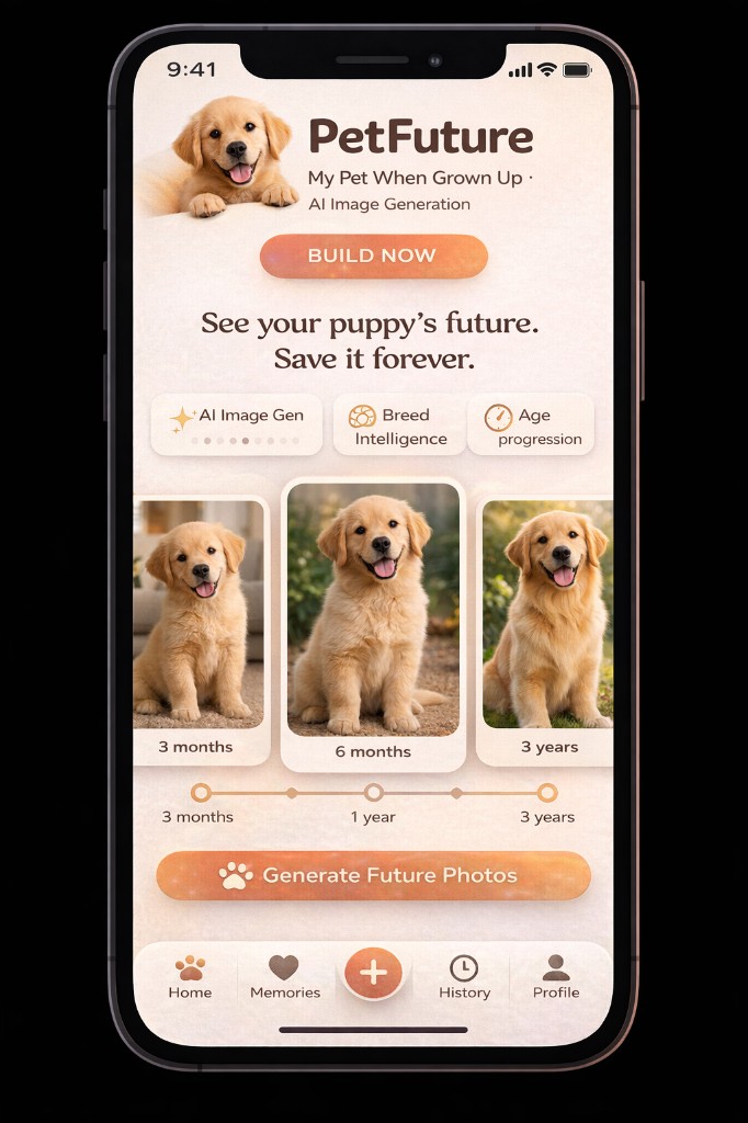 PetFuture app on a phone showing age progression timeline